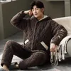 Men's Sleepwear Winter Thick Warm Men Coral Cashmere Hoodies Long Sleeve Mens Flannel Pajamas Set Loose Soft Male Lounge Homewear