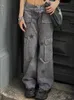 Women's Pants Capris 90s Vintage Low Waist Cargo Pants Women Gothic Punk Multi Pockets Wide Leg Trousers Streetwear Y2k Straight Denim Overalls Rivet T220926