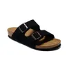 Hombres Diapositivas Sandalias planas Diseñador Mujer Corcho Zapatilla Zapatos de verano Doble hebilla Cuero Woody Mules Chanclas de playa