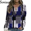 Damen Hoodies Sweatshirts Herbst Damen Sweatshirts Lose Lässige V-Ausschnitt Reißverschluss Langarm Plaid Top Pullover Streetwear Damenmode Damen Hoodies 220926