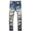 Slanke fit stretch gescheurde jeans print patchwork heren mode stedelijke stiksel fietsbroek veer casual katoenen denim broek