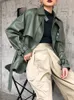 Women's Jackets FTLZZ Spring Autumn Women Faux PU Leather Casual Streetwear Outwear Motorcycle Leather Jacket with Belt Green Biker Coat 220926