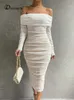 Sıradan Elbiseler Dressmecb Katı örgü beyaz midi elbiseler kadınlar giyim kapalı omuz uzun kollu sonbahar elbise sırtsız dantel seksi parti vestido t220905