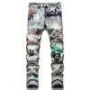 Slim Fit Stretch Ripped Jeans Print Patchwork Mens Fashion Urban Stitching Biker Pants Spring Casual Cotton Denim Trousers