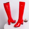 Bottes Femme Gogo Talon Carré Genou-Haut Classique Bout En Cuir Verni Zip Long Unisexe Robe De Soirée Chaussures De Danse