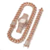 Pulseira de colar de corrente cubana grande de 20 mm e assistir 3pcs masculino jóias de hip -hop conjunto de jóias de ouro rose309f