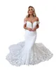 Bruiloft elegante zeemeermin van het schoudersleutelgat tule tule full kanten applique strand bruid jurken kapel trein boho counrty bruidsjurken open terug