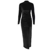 Casual Dresses WJFZQM Fashion Women's Ruched Velvet Dress Bodycon Party Dress Casual Solid Autumn Long Sleeve High Neck Long Dress Streetwear T220905