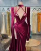 Velvet Mermaid Evening Dresses Winter High Neck Side Split Prom Dress Long Sleeve Women Pageant Party Gowns