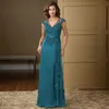 Off the Shoulder Lace Mother of the Bride Dresses With Beaded V Neck Floor Length Chiffon Formella aftonkl￤nningar