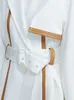 Womens Wool Blends Lautaro Spring Autumn Long Brown Leather Patchwork White Trench Coat for Women Belt Runway Luxury Designer Overcoat Fashion 220926