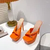 サンダルプラットフォームハイヒール14cmサマースクエアトーレディーススリッパデザイナーオレンジブラック女性女性靴