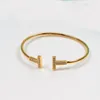 Luxury fashion gold bangle for women Stainless open cuffs double T bangles bracelet Mens Jewlery silver rose gold black Pulsera mujer