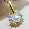 22092604 Women039s Pearl Jewelry Necklace Akoya 556mm Rhinestone Zirconia Sun Flower Pendent Chocker 18K Yellow Gold Plated G7526581