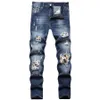 Jeans da uomo European Jean Hombre Patch Uomo Patchwork ricamato strappato per pantaloni da motociclista di marca Trend Mens Skinny