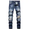 Herren Jeans European Jean Hombre Patch Männer Stickereien Patchwork Rippt für Trendmarke Motorrad Pant