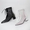 Dress Shoes Elegant White Summer Boots Square Toe Thick Heels Mesh Cut Out Lace Up Woman Casual Cross Tied Bottes Footwear
