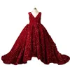 2022 Dark Red Puffy Flower Girls Dresses For Wedding Sequin V Neck Sequined Lace Children Kids Party Communion Gowns H￶g Bollkl￤nning med l￥g l￤ngd