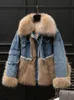 Womens Fur Faux Lanmrem Denim Splicing Moda Casacos Médio Comprimento Imitação Quente Roupas de Luxo Inverno 2R5815 220927