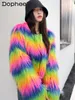 Damen Pelz Kunstpelz Streetwear Regenbogen gestreifter Kunstpelzmantel Frauen Nachahmung Ziegenwolle Luxus pelzige Jacke Top Club Herbst Winter Kleidung 220927