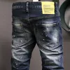 Herr jeans smala passform och målad blå vintage tvättben denim byxor man