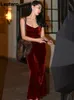 Casual Dresses Lautaro Red Stretchy Soft Velvet Spaghetti Strap Maxi Evening Dresses for Women Long Vintage Luxury Elegant Backless Dress 220926