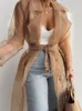 Giacche da donna Moda donna See Through Outdoor Top Lace Up Spring Solid Sheer Mesh Cappotto con bottoni a maniche lunghe con cintura Camicie eleganti 220926