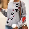 Love Heart Dog Paw Print Sweatshirts 여자 니트 긴 소매 풀오버 탑 캐주얼 블라우스