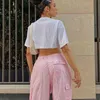 Women's Pants Capris 2022 Solid Loose Drawstring Trousers Low Waist Streetwear Joggers Baggy Wide Leg Sweatpants Hippie Pink Cargo Pants Y2K Clothing T220926
