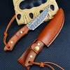 C9274 Survival Straight Knife 3Cr13Mov Laser Pattern Drop Point Blade Full Tang Wood Handle Fixed Blade Hunting Knives with Leather Sheath