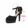 Sandals 12cm Chunky Shoes High Heel Women Suede Platform Black Bow Open Toe Summer Sandalias Tacon
