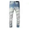 Men's Jeans High Street Blue Gradient Knee Ripped Orange Patch pants Light Blue Slim Skinny trousers181O