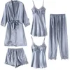 Women's Sleepwear 5PC Silk Robe Sleep Suit Women's Lace Chiffon Satin Pajamas Gown Set V-Neck Night Wear Pajama Home Nightwear Spring Nightdress 220924