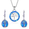 Necklace Earrings Set Fashion Jewelry Cute Tree Design Blue Imitation Fire Opal Women Pendant With Vintage Statement Girl Gift