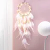 Figurines décoratives plumes blanches attrape-rêves pour décoration murale de chambre à coucher avec lumière LED cadeau filles enfants femmes