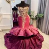 2022 Arabe Aso Ebi Bourgogne Sirène Robes De Bal Perles Cristaux Dentelle Soirée Formelle Deuxième Réception Anniversaire Robes De Fiançailles Robe ZJ627