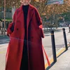 Laine des femmes hiver automne noël rouge noir lâche Long manteau veste ceinture laine pardessus coréen femmes fendu ourlet Cardigan vêtements d'extérieur XL