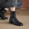 Boots Autumn Winter Women Ankle Shoes Solid Black Beige Lace-up Square Toe Rubber Elegant Fashion Low Heels