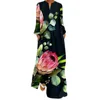 Casual Dresses Women Dress Autumn Elegant Chinese Style Maxi Vintage V Neck Floral Print 3/4 Sleeve Long