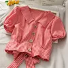 Women's Blouses Sweet Plaid Back Bowknot Puff Sleeve Short Top For Girls Women 2022 Summer Breasted Slim Navel Blouse Korean Fashion