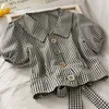 Blouses pour femmes Sweet Plaid Back Bowknot Manches bouffantes Haut court pour filles Femmes 2022 Summer Breasted Slim Nombril Blouse Mode coréenne