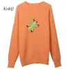 Kvinnors tröjor Autumn and Winter Women Orange Animal Embroidery Lazy Pullover Sweater Loose Longsleved Oneck Midlength Sticked Top 220923