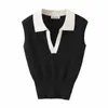 Kvinnors västar Summer Sticked Polo Vest Black Cropped Tops Sleeveless Jumper Patchwork Female Sexy Slim Elegant Knitwear 220928