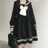 Kläder sätter japansk preppy stil vår höstkvinnor midi klänning vänd ner krage båge marinblå veckad söt kawaii flickas jk uniform