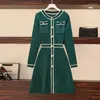 Robes décontractées de base Piste Designer Femmes Robe pull à simple boutonnage Printemps Automne Vert Plaid Tricot Soie brillante