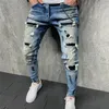 Mens Jeans Skinny män målade Stretch Slim Fit Ripped Estruerad Pleated Knee Patch Denim Pants Brand Casual Trousers 220928