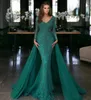 Glamorous Dark Green Prom Dresses V Neck with Overskirts Beading Sequins Party Dresses Gorgeous Women Formal Custom Made Evening Dress