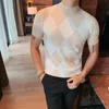 Męskie swetry w stylu brytyjski jesienne zimowe swetra krótkiego rękawu Mężczyźni ubrania moda Diamond Lattice Turtleck All Meating Casual Slim Pullovers 220928