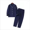 Mäns Sleepwear 2022 Spring Autumn High-End Men Casual Pyjama Set Male Washed Cotton Turn-down Collar Shirt Pants