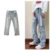 Mens Jeans Ripped Holes Men Ribbon Baggy Fashion Denim Wide Leg Trousers Casual Retro Blue Hip Korean Pants 220928